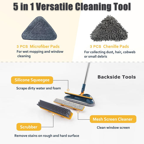 ShinyDew 5-in-1 6 Wall Cleaner Mop with Long Handle, Wall Cleaning Dust Mop with Replacement Chenille Microfiber Pads
