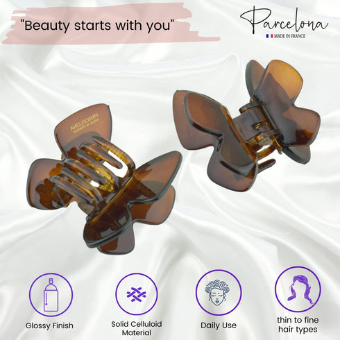 Parcelona French Butterfly Hair Claw - Small 1 3/4" Celluloid No Slip Grip, Strong Hold for Women and Girls