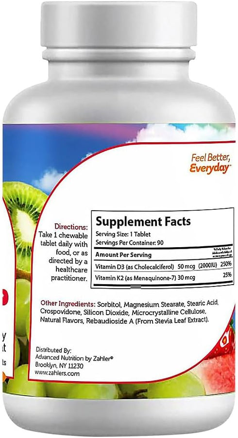 Zahler - Junior Vitamin D3 + K2 Chewable Tablets for Kids| Vitamin D for Kids 2000 IU | Delicious Vitamin D K2 Chews to Support Healthy Bones & Teeth - Kosher, Less Sugar than Gummies (90 Count)