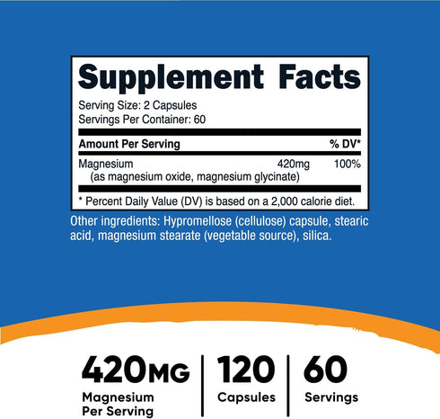 Nutricost Magnesium+ Extra Strength 420mg, 120 Capsules - 60 Servings. Magnesium Oxide and Glycinate - Non-GMO, Gluten Free, Vegan Friendly