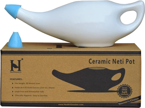 Ceramic Neti Pot, Premium Handcrafted Nose Cleaner for Sinus, Dishwasher Safe, 225 Ml Capacity - White