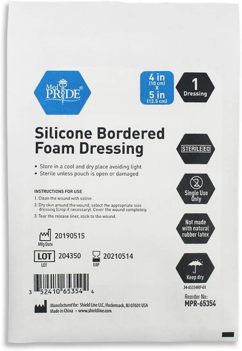 MED PRIDE Silicone Bordered Foam Dressings for Wound Care, Adhesive, Sterile, Pain-Removal, 4x5 Inch (Pack of 10)