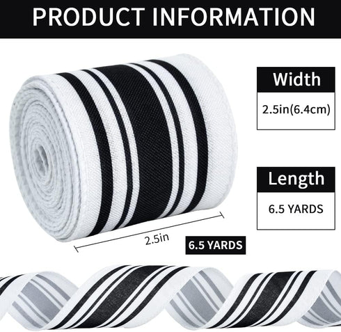 TONIFUL 2.5 Inch Black and White Striped Wired Edge Ribbon, Burlap Ribbon, Blakc White Wired Ribbon for Gift Wrapping, Wreath Bows Making, Crafts Home Party Christmas Tree Decoration(Striped,6yds) by TONIFUL