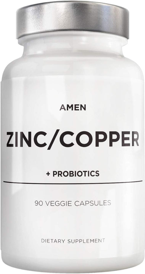 Amen Zinc & Copper Supplement + Probiotics - 50 mg Zinc Picolinate, 90 Capsules, 3 Months Supply