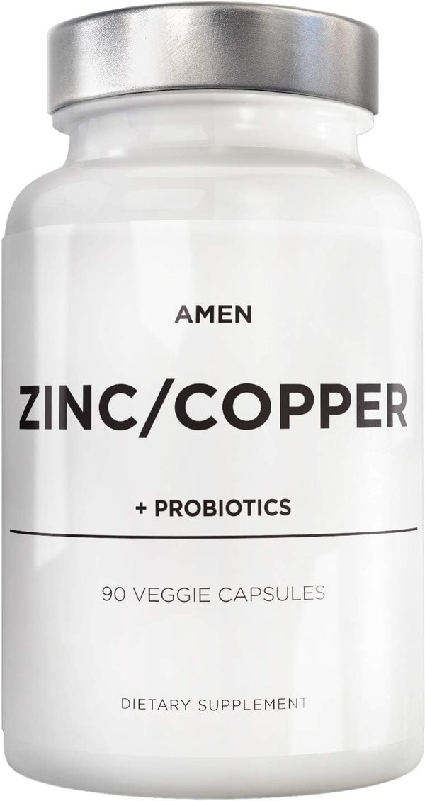 Amen Zinc & Copper Supplement + Probiotics - 50 mg Zinc Picolinate, 90 Capsules, 3 Months Supply