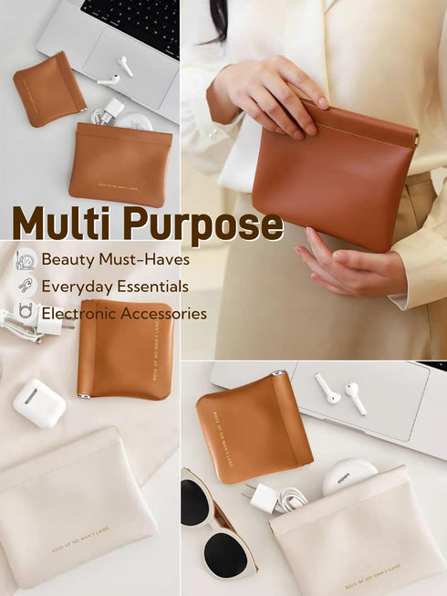 Small Makeup Bag for Women, PU Leather Travel Makeup Pouch with Zipper, Cosmetic Bag for Purse (Brown)