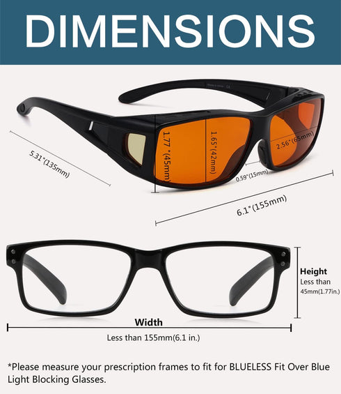 BLUELESS Fitover Glasses for Computer Blue Blocking with Orange Tinted Sleep Glasses, Black