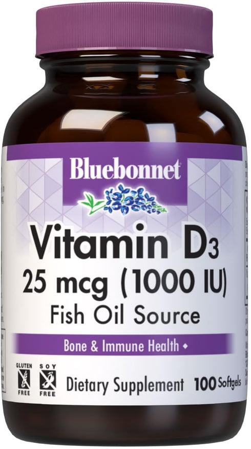 Bluebonnet Nutrition Vitamin D3 1000 IU Softgels, 100 Count, Non-GMO, Gluten Free, Soy Free