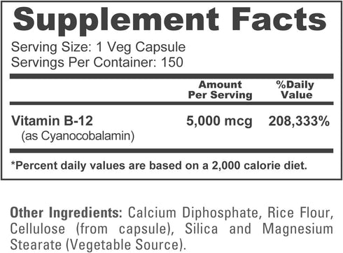 NusaPure Vitamin B12 - 5000 MCG, 150 Veggie Capsules (Non-GMO, Vegan), Max Strength