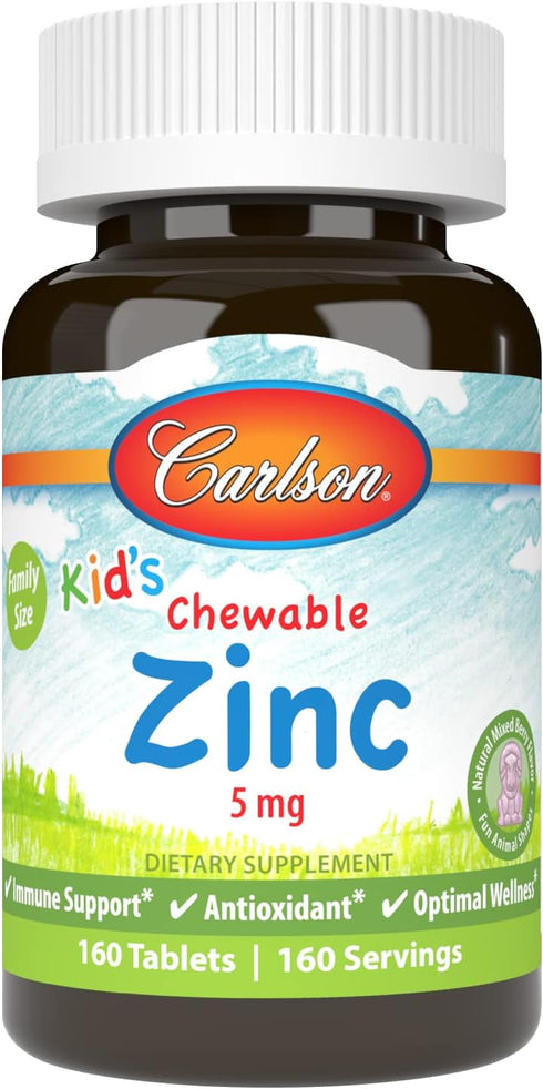 Carlson Kid's Chewable Zinc, 5 mg, Natural Mixed Berry Flavor, 160 Tablets for Health Support
