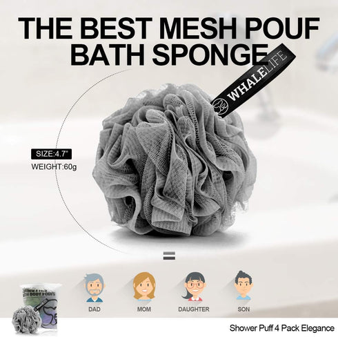 Loofah Sponge Bath Sponge for Women and Men, 4 Pack (Gray, Blue, Green, Purple)