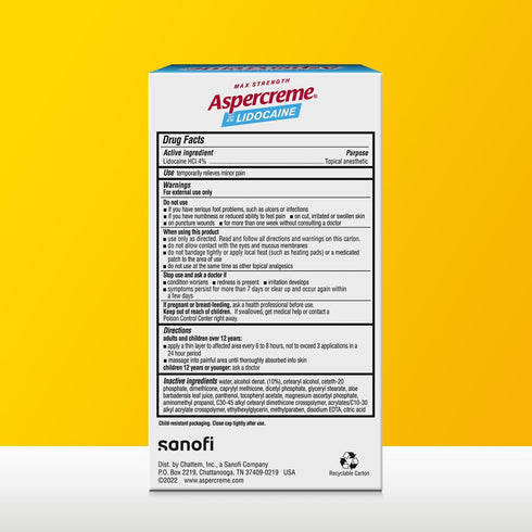Aspercreme Odor Free Lidocaine Foot Pain Relief Cream, 4 oz., Safe for Diabetic Skin