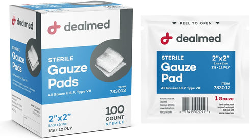Dealmed 2’’ x 2’’ Sterile Gauze Pads, 100 Count, Disposable and Individually Wrapped for First Aid