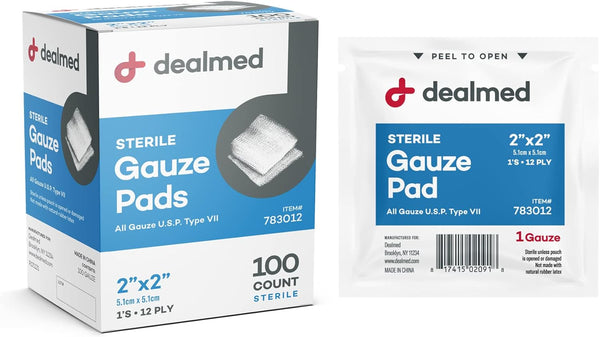 Dealmed 2’’ x 2’’ Sterile Gauze Pads, 100 Count, Disposable and Individually Wrapped for First Aid