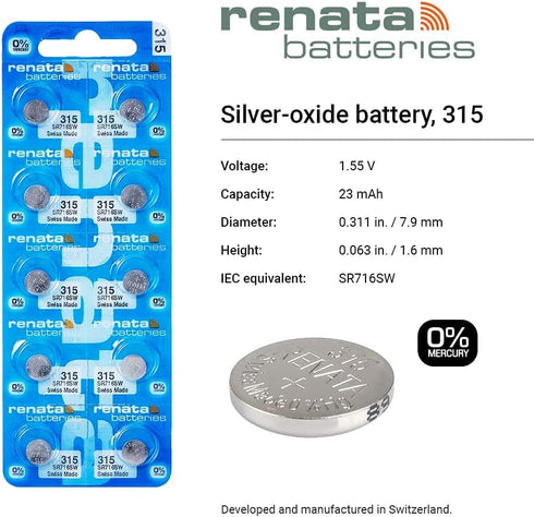 Renata 315 SR716SW 1.55V 315 (2 Count) Batteries - Silver Oxide Watch Battery