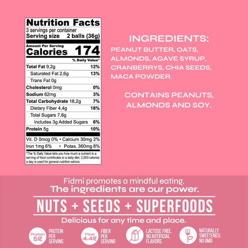 Fidmi Protein Balls, Snack Energy Balls with All Natural Ingredients, Keto Friendly Maca & Cranberry (DoyPack)