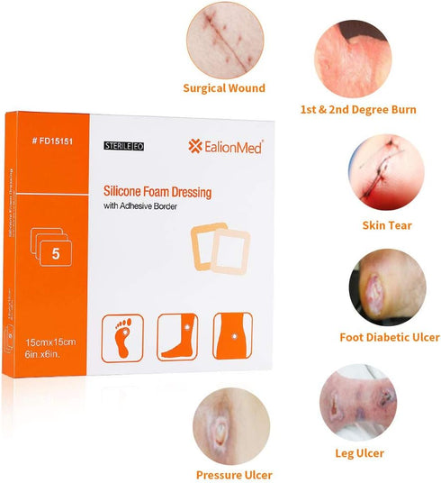 Silicone Foam Dressing with Gentle Adhesive Border 6''x6'', 5 Pack Waterproof Bandage for Pressure Ulcer