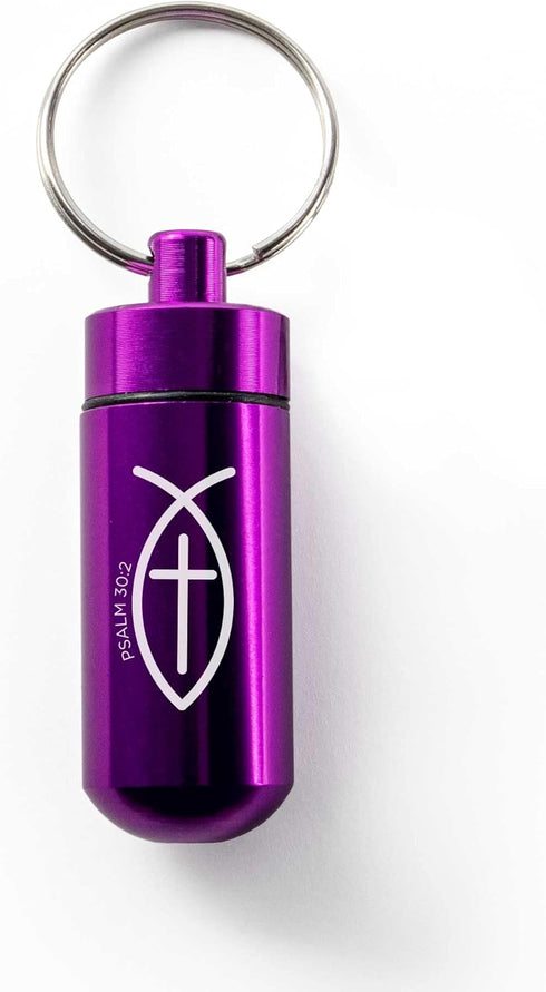 Purple Pill Case Keychain, Waterproof Metal Travel Container for Medicine Storage, Small Organizer with Christian Fish