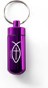 Purple Pill Case Keychain, Waterproof Metal Travel Container for Medicine Storage, Small Organizer with Christian Fish