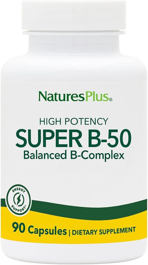 Natures Plus Super B50-90 Vegetarian Capsules, High Potency B Complex Vitamin Supplement