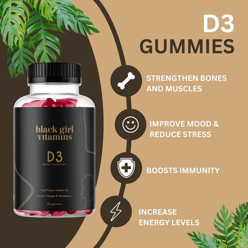 Black Girl Vitamins - Vitamin D3 Gummies, for Immune, Energy, and Bone Support, 2000IU (50mcg) Vitamin D per Serving, Gluten-Free Gummy Vitamins (Multi-Flavored), 60ct