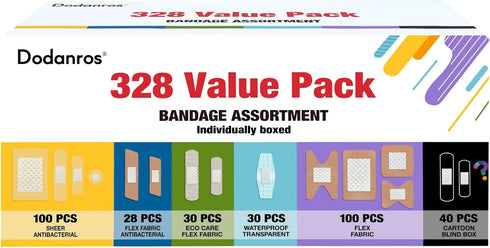 Dodanros Variety Bandages Pack,328ct Assorted Bulk Various Sizes, Shapes &Features | Sheer