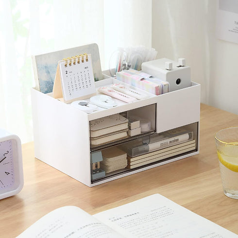 White Makeup Organizer, 2 Drawers, 4 Compartments, Cosmetics Storage Box for Nail Polish, Lipstick, Brushes, Jewelry,