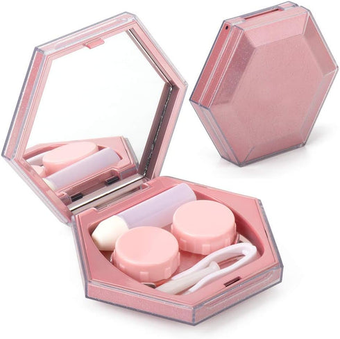 Contact Lens Case with Mirror - Hexagon Sparkles Portable Storage Container for Women (Pink)