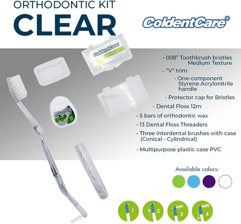 Orthodontic Kit Clear, Oral Care Set with Toothbrush, Protector Cap, Floss, Wax, Floss Threaders, Brushes with Case