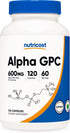 Nutricost Alpha GPC 600mg, 120 Vegetarian Capsules - Gluten Free, Non-GMO, 300mg Per Capsule