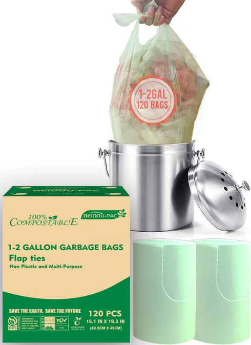 1-2 Gallon Compostable Trash Bags, 120 Count Biodegradable Kitchen Garbage Bags for Countertop Bin, ASTM D6400 Certified