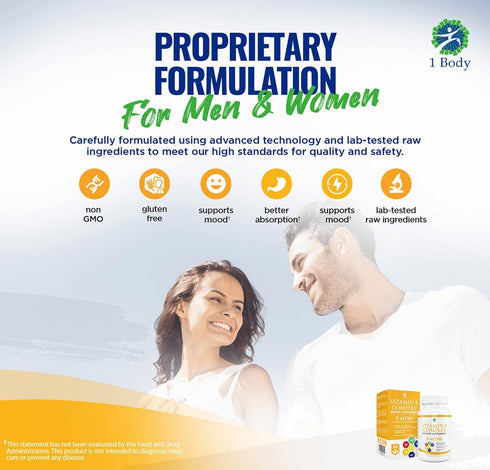 1 Body Vitamin B Complex Twin Pack – 5-MTHF Folate with B1, B2, B5, B6, Methyl B12, Niacin, Biotin – 60 Capsules Each.