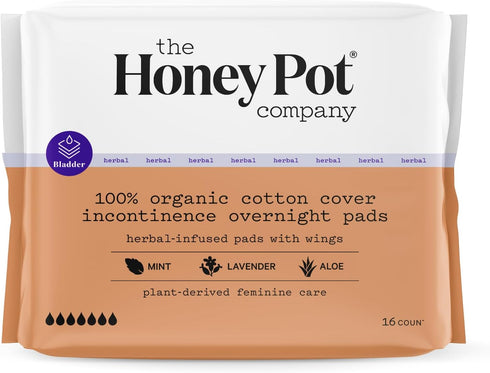The Honey Pot Company Herbal Pads for Women, Organic Incontinence Overnight Pads with Wings, Cooling Effect, 16 Count