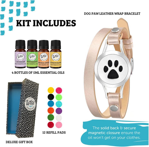 Set, 12 Wild Essentials Dog Paw Essential Oil Leather Wrap Bracelet Diffuser Kit, Gift Lavender, Lemongrass