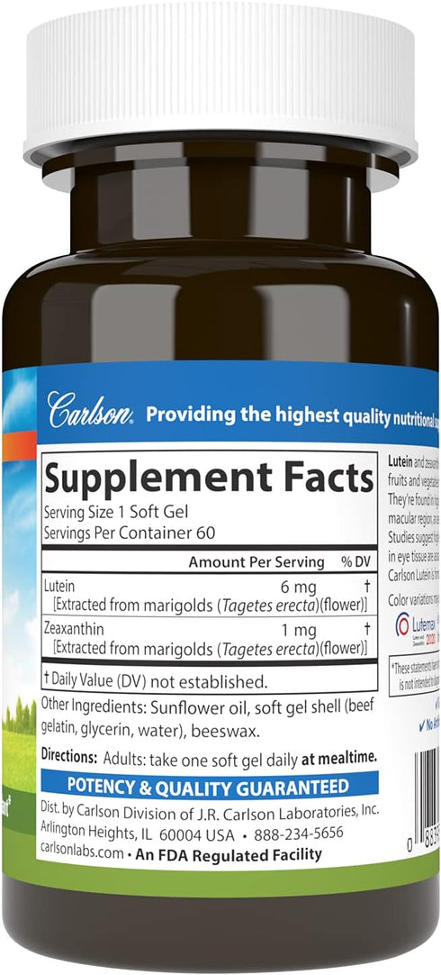 Carlson Lutein, 6 mg, Healthy Vision & Eye Function, Antioxidant, 60 Softgels