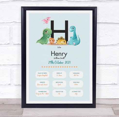 The Card Zoo New Baby Birth Details Christening Nursery Dinosaur Initial H Gift Print