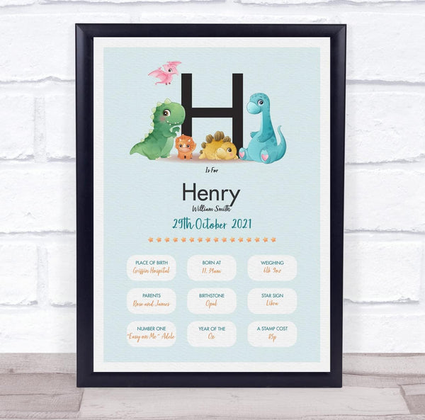 The Card Zoo New Baby Birth Details Christening Nursery Dinosaur Initial H Gift Print
