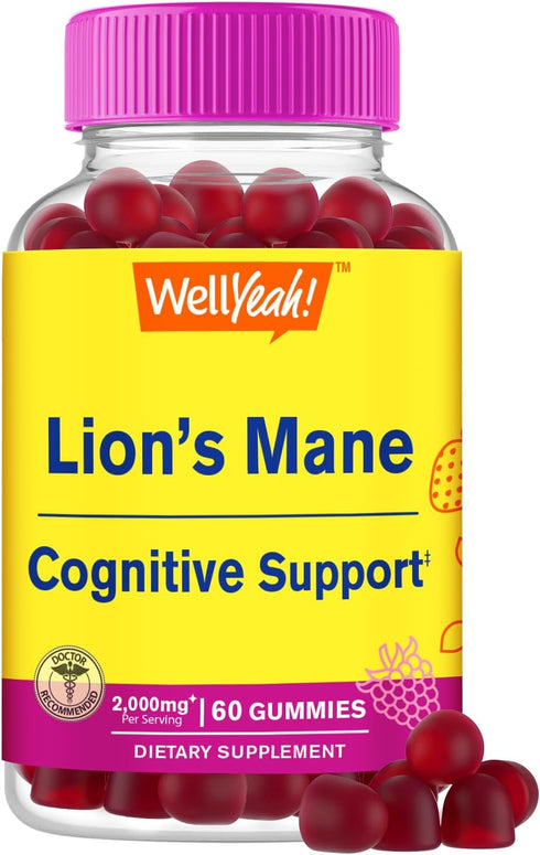 Lions Mane Gummies for Adults, 2000mg, Memory and Focus Support, Gluten Free, 60 Count