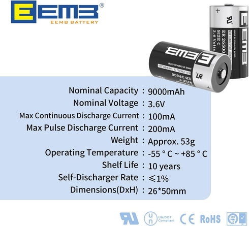 EEMB ER26500 C Size 3.6V Lithium Battery LS26500 SB-C01 TL-2200 for Tire Pressure Monitor, Smart Card, Tools