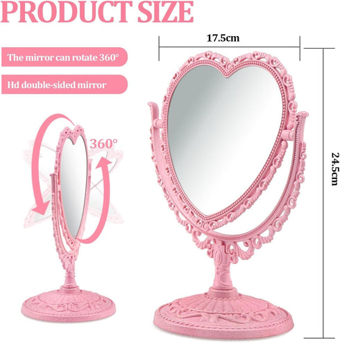 Pink Heart Vanity Mirror 360 Degree Swivel Makeup Mirror Aesthetic Mirror Double Sided Table Desk Countertop Mirror Stand Cosmetic Mirror Dresser Bathroom Bedroom Mirror for Women Girls by QEEYON