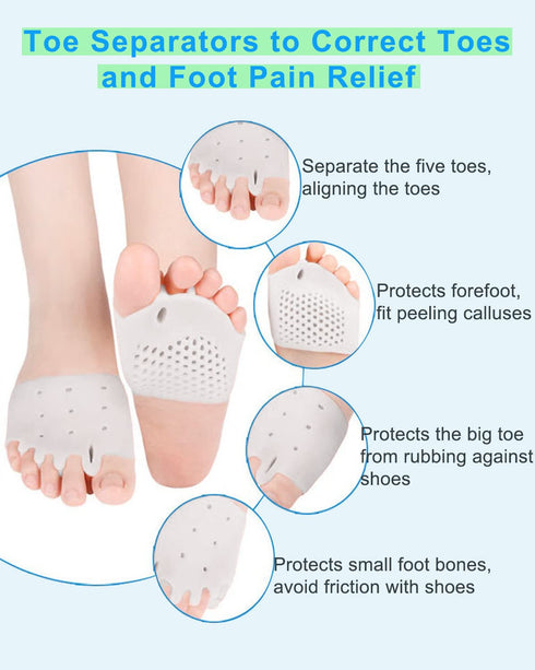 4 Pairs Metatarsal Gel Pads, Toe Separators for Bunions and Foot Pain Relief, Hammer Toe Corrector Spacers