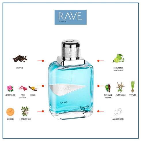 Sapil Perfumes “Rave for Men” EDT Spray - Long-lasting Fresh Spicy Aromatic Scent, 3.4 Oz (100 ml)