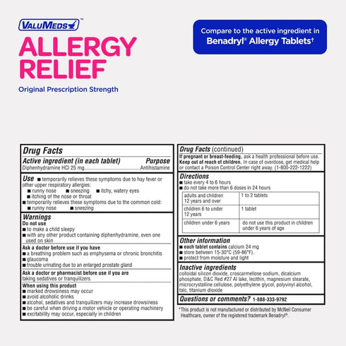 ValuMeds Allergy Medicine Antihistamine, Diphenhydramine HCl 25 mg, Relieve Itchy Eyes, Runny Nose, Sneezing, 600 Count