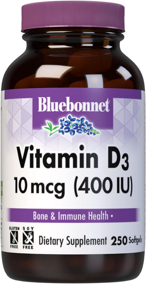 Bluebonnet Nutrition Vitamin D3 400 IU Softgels, 250 Softgels, Aids Muscle and Skeletal Growth, Non-GMO