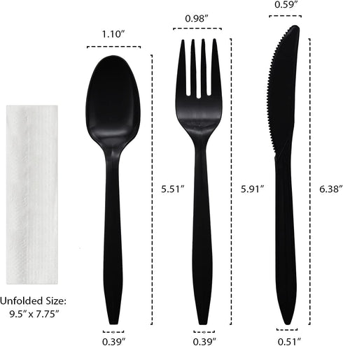 Party Favors Plus Set, 25 Packets Individually Wrapped Plastic Cutlery Black, with Fork, Spoon, Knife and Napkin