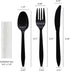 Party Favors Plus Set, 25 Packets Individually Wrapped Plastic Cutlery Black, with Fork, Spoon, Knife and Napkin