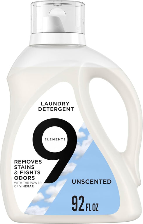 9 Elements Natural Liquid Laundry Detergent, Unscented, Vinegar Powered, 92 Fl Oz, 1 Count