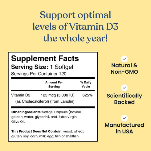 Vitamin D3 5000 IU, Better Way Health, High Potency Softgel Supplement for Immune & Bone Health, 120 Softgels