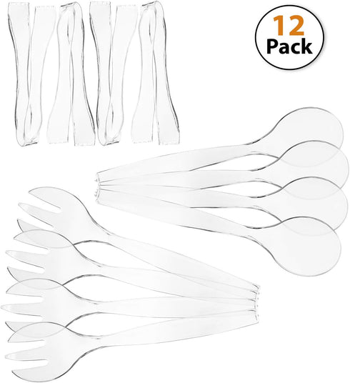 Set (12), 10' 6.5' HD Disposable Serving Utensils Spoons, Tongs, Clear