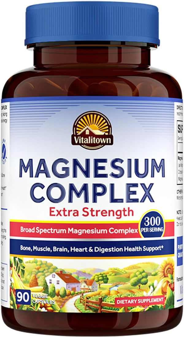 Vitalitown Magnesium Complex Supplement - 300mg Elemental Magnesium Citrate Glycinate Taurate Malate, Non-GMO, 90 Vegan